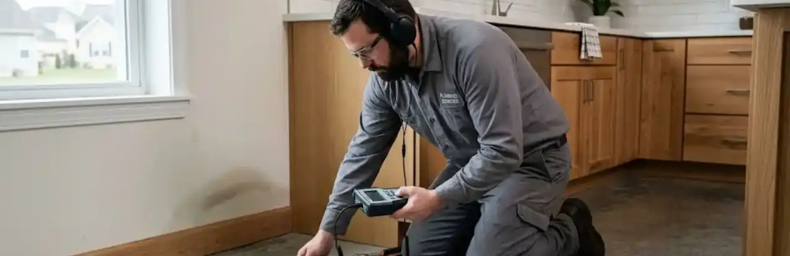 Technician with headphones and listening gear checking a kitchen floor for a slab leak