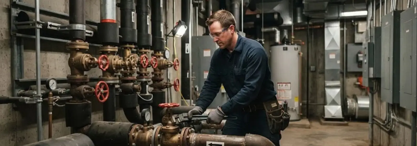 Plumber working on valves and large piping in a commercial mechanical room