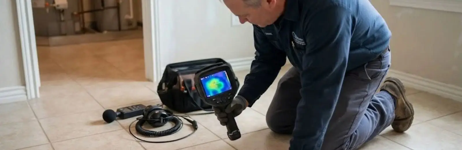 Technician using a thermal imaging camera to check a tile floor for a hidden leak
