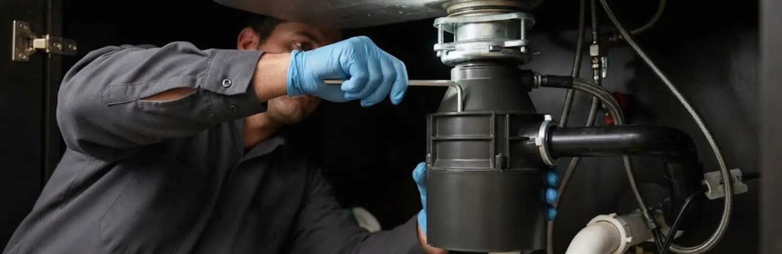 Plumber working on a garbage disposal under a kitchen sink