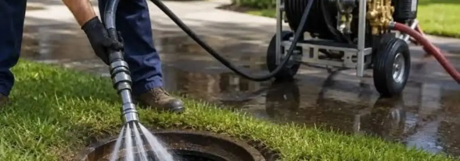Hydro jetting hose spraying water into a sewer access hole beside a pressure washer reel