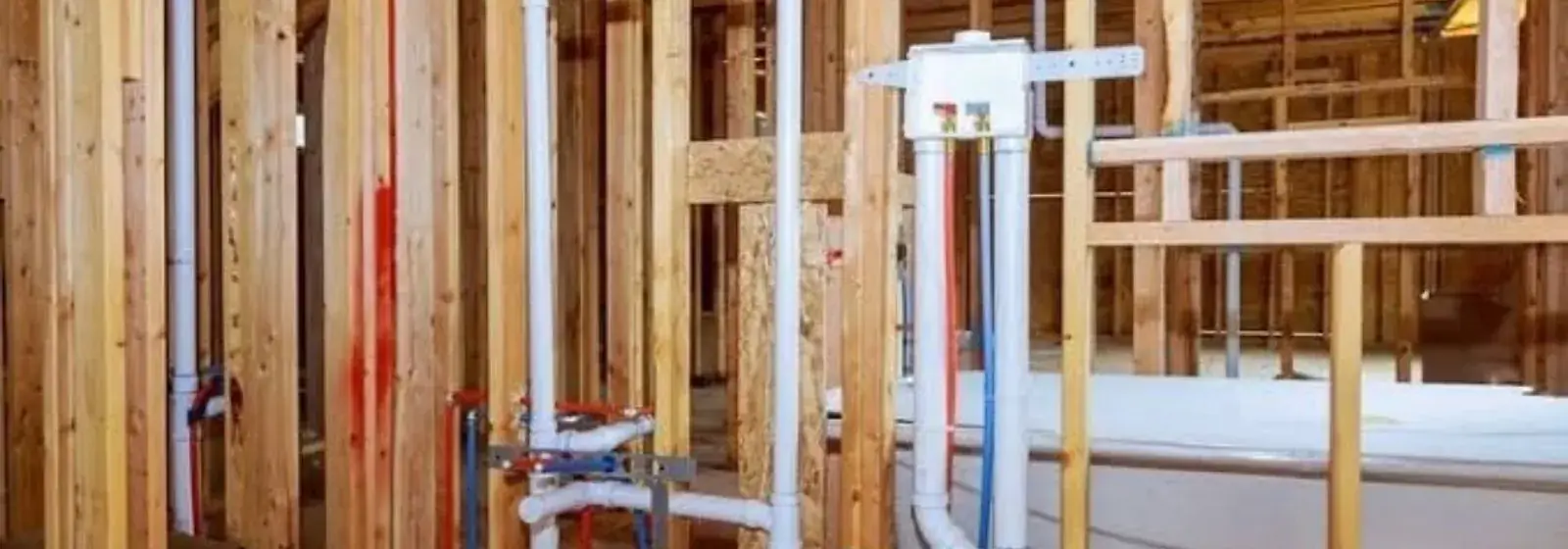 Framed bathroom wall with new supply and drain piping roughed in beside a tub