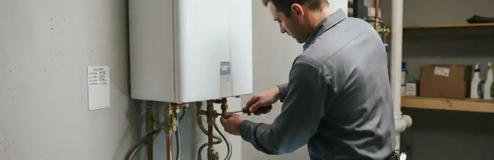 Plumber connecting the supply lines on a wall-mounted tankless water heater