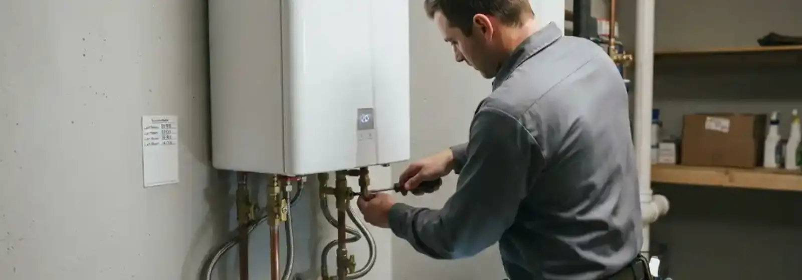 Plumber connecting the supply lines on a wall-mounted tankless water heater