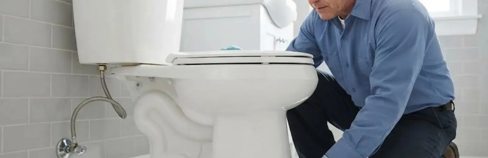 Plumber kneeling beside a toilet that is lifted off the floor to expose the flange and wax ring