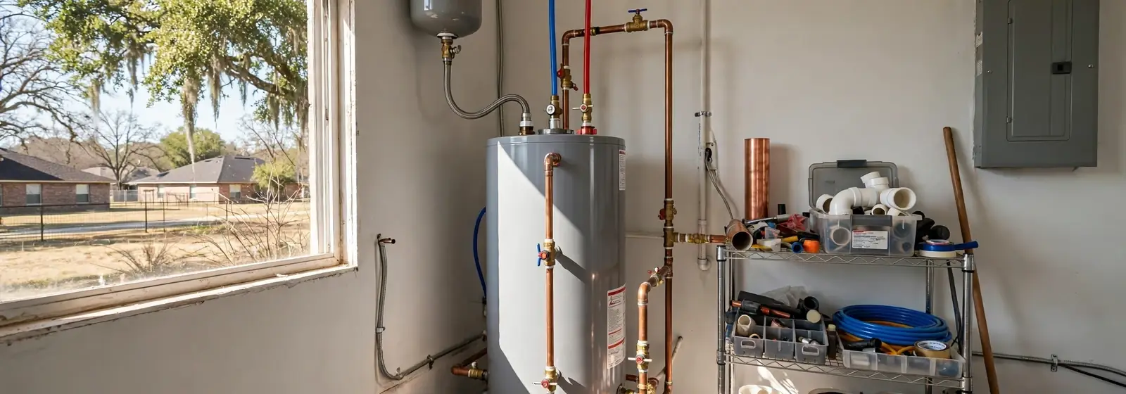 Newly installed tank water heater with copper supply lines and an expansion tank