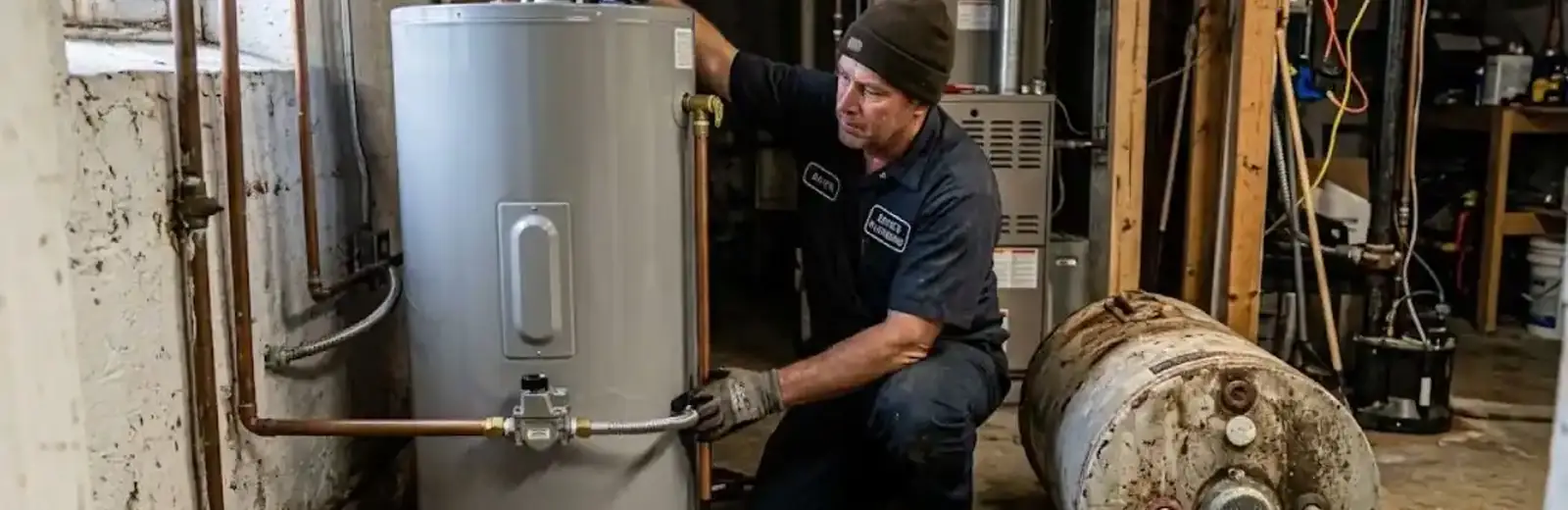Plumber installing a new tank water heater next to the old rusted unit in a basement